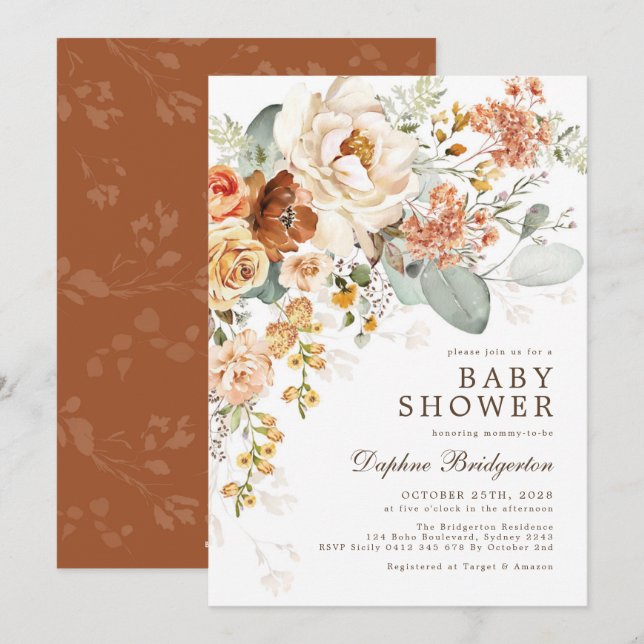 Rustikales Boho Burnt Orange Cream Floral Baby Dus Einladung (Vorne/Hinten)