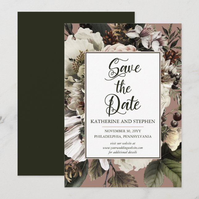 Rustikales Boho Dusty Pink Floral Bouquet Save The Date (Vorne/Hinten)