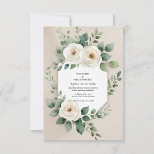 Rustikales Boho – Elegante weiße Rosen & beige Lei RSVP Karte