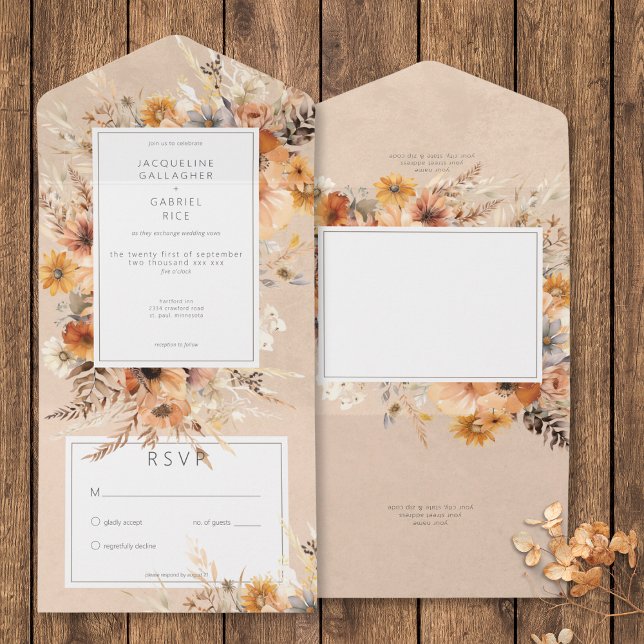 Rustikales Boho Fall Peach & Rust Floral No Dinner All In One Einladung (Rustic Boho Fall Peach & Rust Floral No Dinner All In One Invitation)