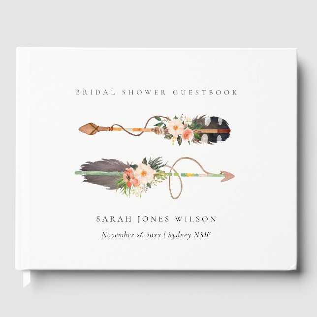 Rustikales Boho Feather Floral Arrow Brautparty Gästebuch (Vorderseite)