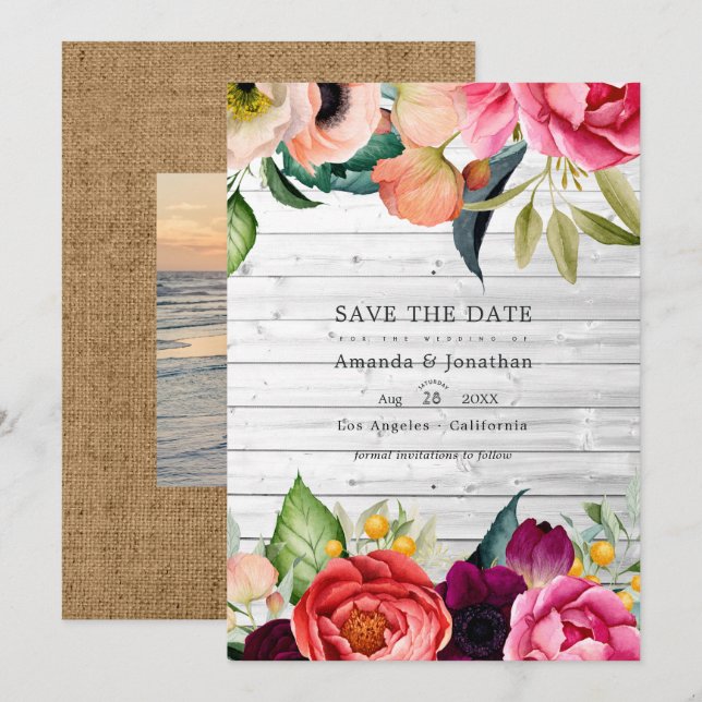 Rustikales Boho Floral Bohemisch Wedding Foto Rett Save The Date (Vorne/Hinten)