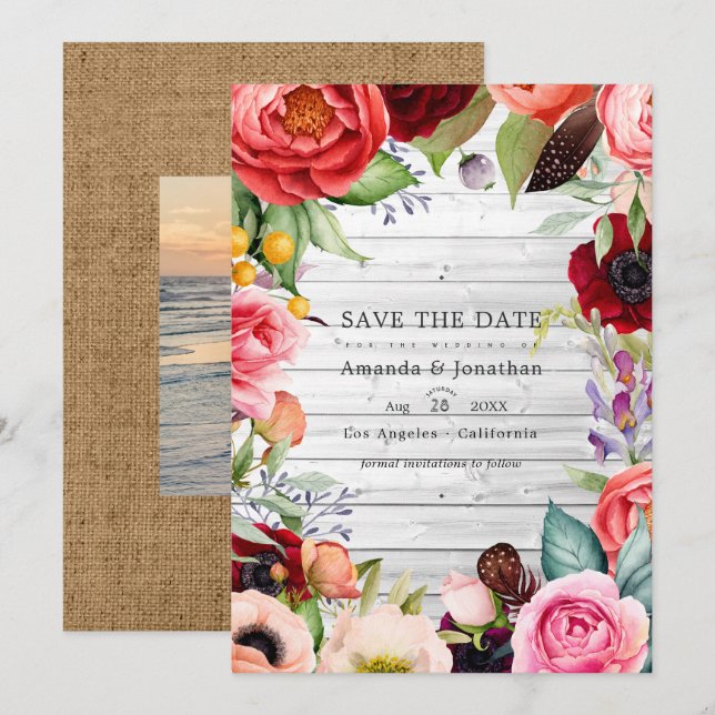 Rustikales Boho Floral Bohemisch Wedding Foto Save The Date (Vorne/Hinten)