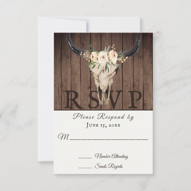 Rustikales Boho Floral Cow Skull auf Barnwood Wedd RSVP Karte (Vorderseite)