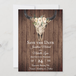 Rustikales Boho Floral Cow Skull auf Barnwood Wedd Save The Date