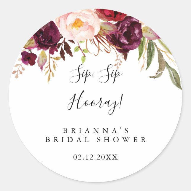Rustikales Boho Floral Sip Hooray Brautparty Runder Aufkleber (Vorderseite)