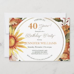 Rustikales Boho Herbst Sonnenblume 40. Geburtstag  Einladung