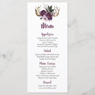 Rustikales Boho Lila Plum Peonies Antlers Wedding Menükarte
