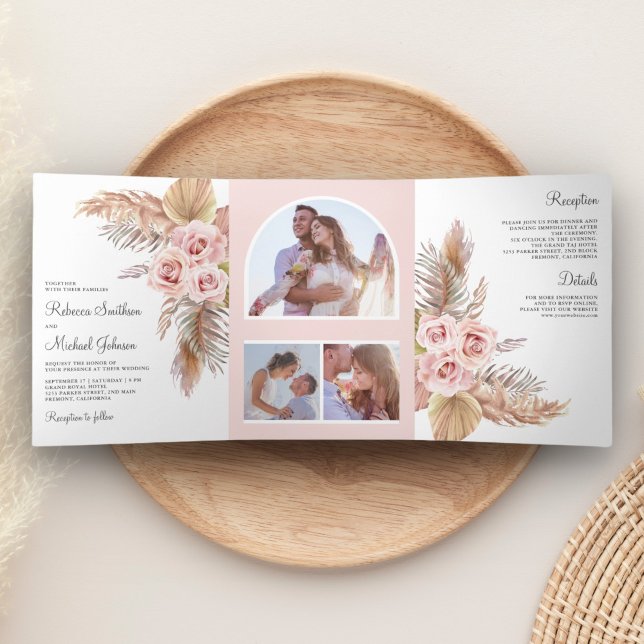 Rustikales Boho Pampas Grass Dusty Pink Roses Wedd Dreifach Gefaltete Einladung (Von Creator hochgeladen)