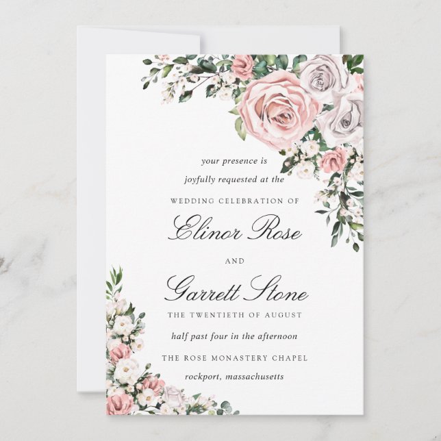 Rustikales Boho Pink und Lila Rose Blumenhochzeit Einladung (Vorderseite)