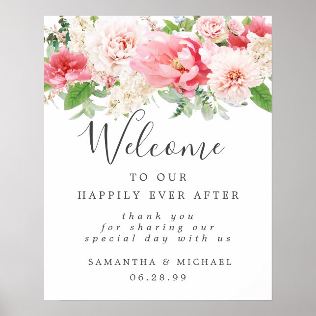 Rustikales Boho Pink White Floral Wedding Begrüßun Poster (Vorne)
