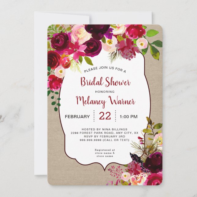 Rustikales Boho Red Floral Brautparty lädt ein Einladung (Vorderseite)