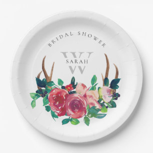 Rustikales Boho Red Floral Stag Antlers Brautparty Pappteller