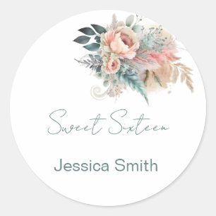 Rustikales Boho Silver & Pink Floral Sweet Sechzeh Runder Aufkleber