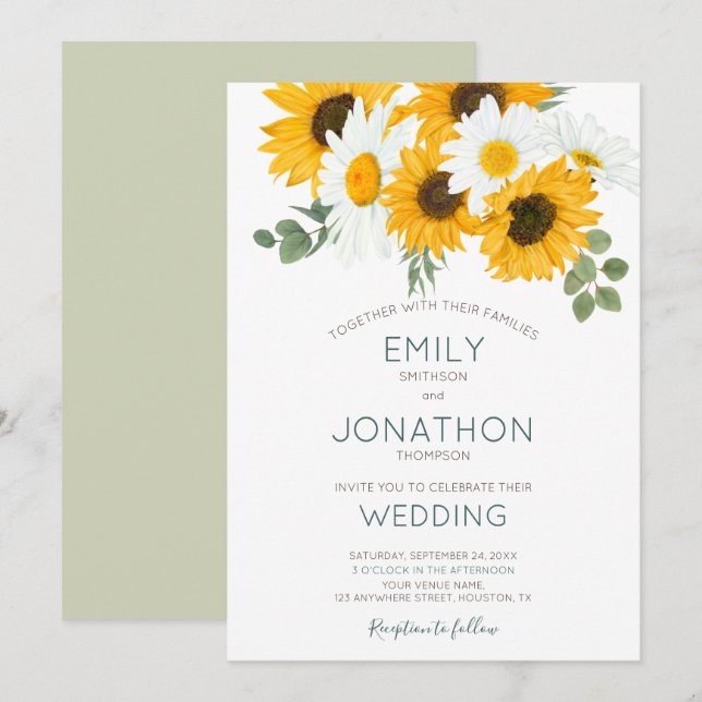 Rustikales Boho Sonnenblumen Blätter Hochzeit Einladung (Vorne/Hinten)