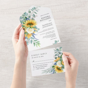 Rustikales Boho Sonnenblumen und Rose Hochzeit All In One Einladung