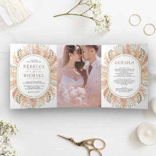 Rustikales Boho-Trockenpampas-Gras-Foto Hochzeit Dreifach Gefaltete Einladung