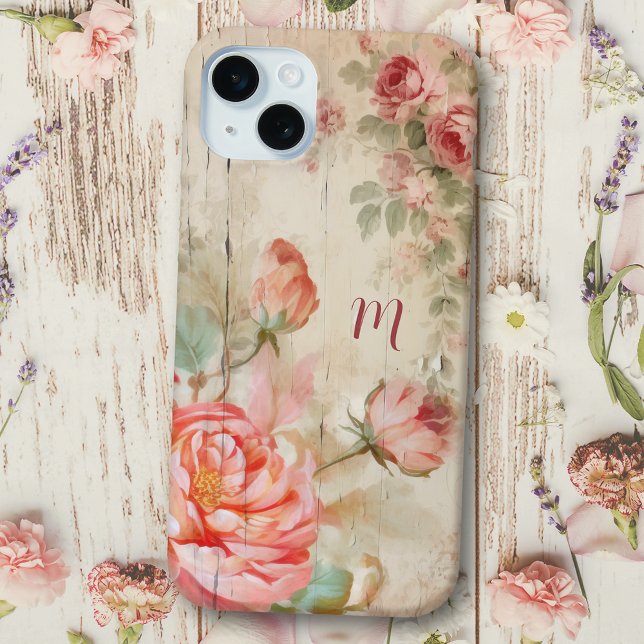 Rustikales Boho Wasserfarbe Antike Rose mit Monogr Case-Mate iPhone Hülle (Von Creator hochgeladen)