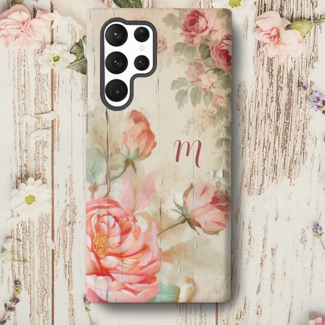 Rustikales Boho Wasserfarbe Antike Rose mit Monogr Samsung Galaxy Hülle (Von Creator hochgeladen)
