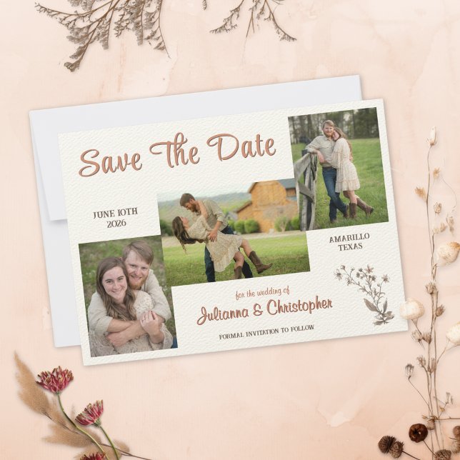 Rustikales Boho Wildblumen 3 Foto Copper Script Save The Date (Von Creator hochgeladen)