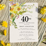 Rustikales Boho Yellow Daffodil 40. Geburtstag Einladung<br><div class="desc">Die wunderschöne Blumenstruktur im Frühling mit gelben und weißen Daffodien. Die üppige Vegetation und die üppigen Stiele verleihen dem Hotel ein modernes Boho-Ambiente. Die Rückseite des 40. Geburtstags Einladung ist hell sonnig gelb. Perfekte Wahl für eine Geburtstagsfeier im Frühjahr.</div>