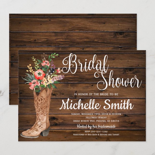 Rustikales Boot Country Bridal Western Brautparty Einladung (Vorne/Hinten)