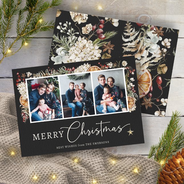 Rustikales botanisches Weihnachtsfest-Foto Karte (Black Boho Rustic Botanical Christmas 3 Photos Holiday Card by Painted Paperie)