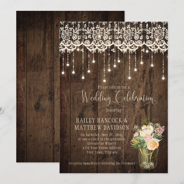 Rustikales Bouquet Mason Jar Lace Lights | Einladung (Vorne/Hinten)