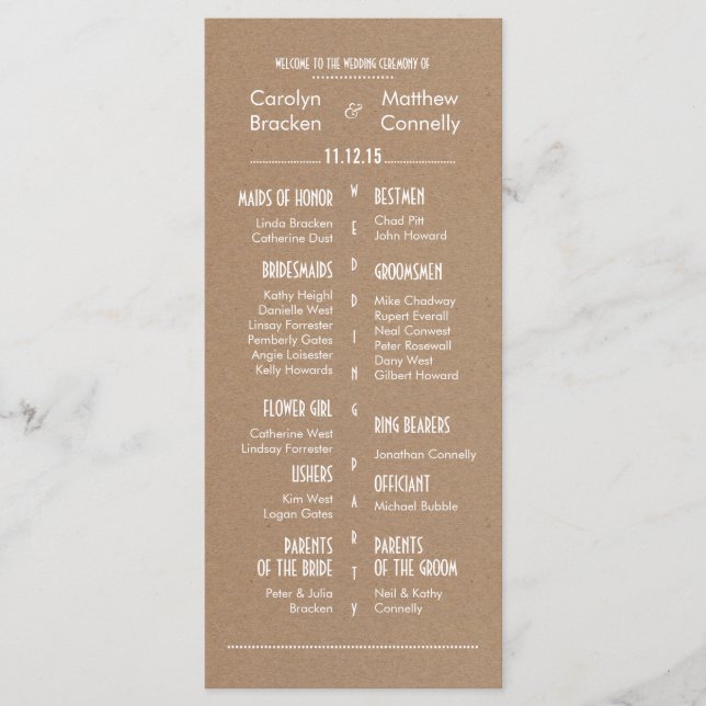 Rustikales Braun-Hochzeitsprogramm 2 Programm (Vorderseite)