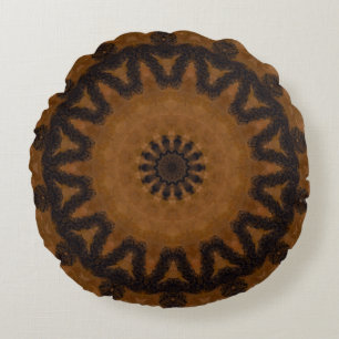 Rustikales Braun und Schwarzes Holz Mandala Rundes Kissen