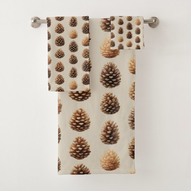 Rustikales braunes Pine Cone Wintermuster Badhandtuch Set (Insitu)