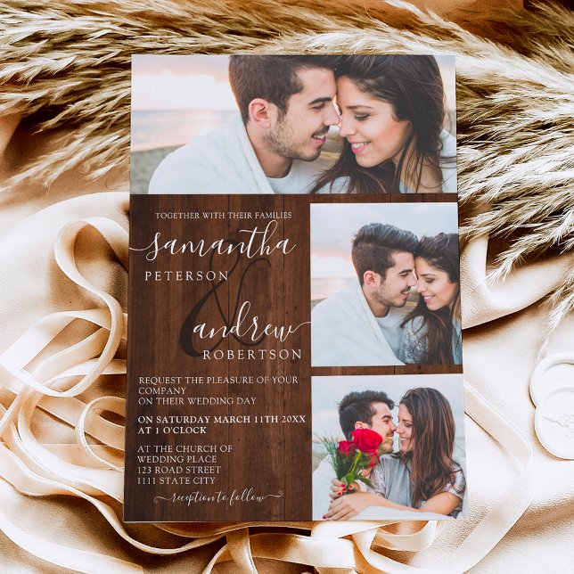 Rustikales Braunholz Drehbuch 3 Fotos Hochzeit Einladung (Von Creator hochgeladen)