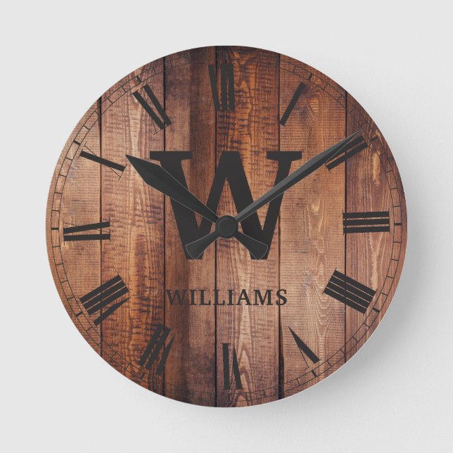 Rustikales Braunholz-Eigenfamilie Erstbauernhaus Runde Wanduhr (Vorderseite)
