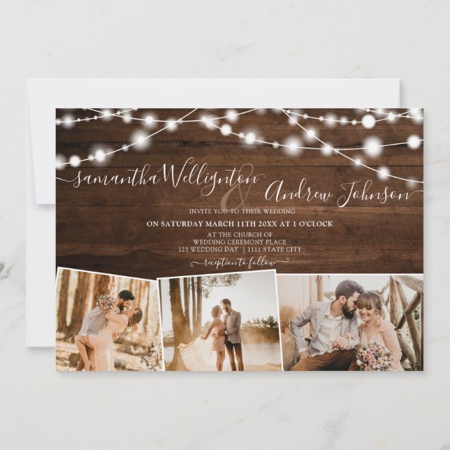 Rustikales Braunholz-Licht-Skript 4 Fotos Hochzeit Einladung (Rückseite)
