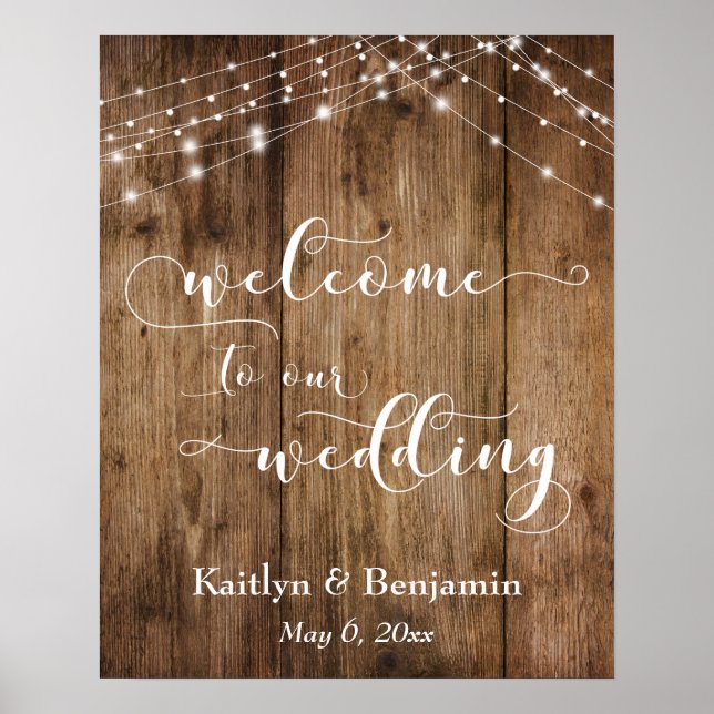Rustikales Braunholz & Lights Hochzeit Begrüßungsz Poster (Vorne)