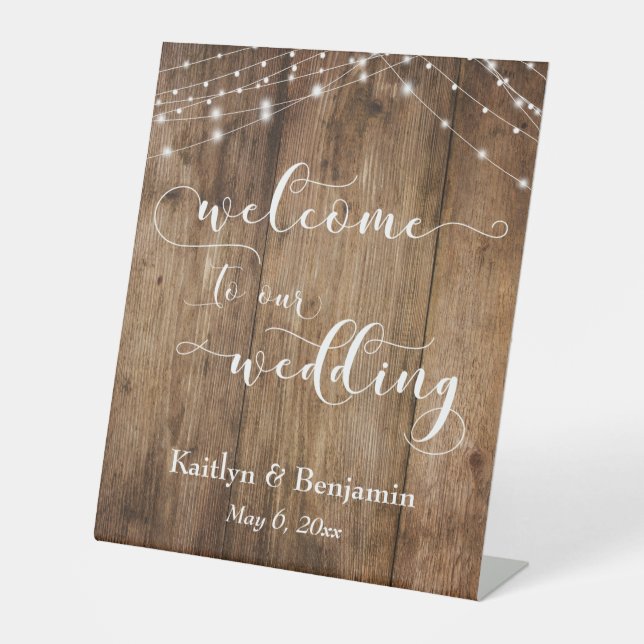 Rustikales Braunholz & Lights Hochzeit Begrüßungsz Sockelschild (Vorderseite)