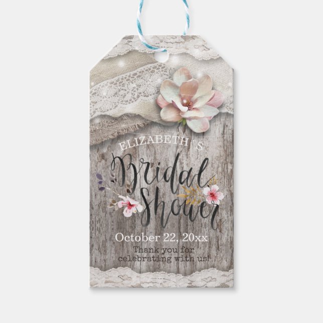 Rustikales Brautparty aus Burlap Lace String Geschenkanhänger (Vorderseite)