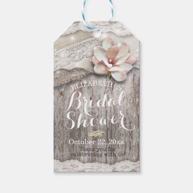 Rustikales Brautparty aus Burlap Lace String Geschenkanhänger (Vorderseite)