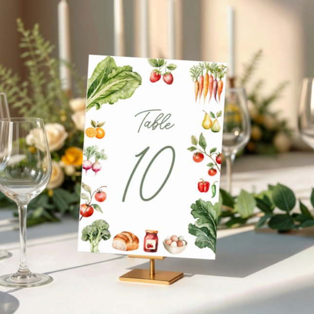 Rustikales Brautparty Tischnummer (Fresh off the market table numbers with rustic fruits and veggies for a farm-to-table bridal shower.)