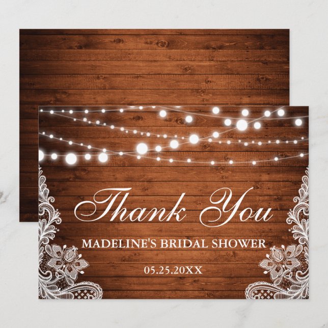 Rustikales Brautparty Woods Lights Lace Danke Einladung (Vorne/Hinten)