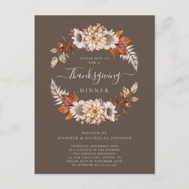 Rustikales Brawn Fall Floral Erntedank Dinner Einladungspostkarte (Vorderseite)