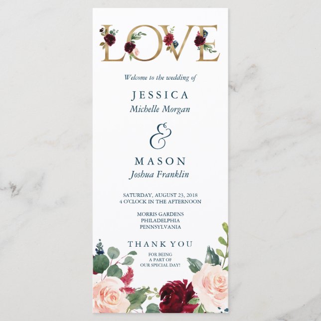 Rustikales Breezy-Burgund-Hochzeit im Herbst-Progr Programm (Vorderseite)