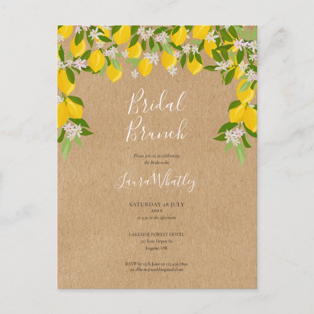 Rustikales Bridal Brunch Lemons Blossom Brautparty Ankündigungspostkarte (Vorderseite)