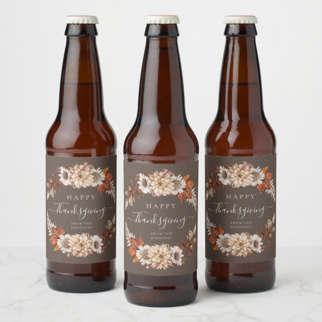 Rustikales Brown Fall Floral Happy Thanksgiving Bierflaschenetikett (Flaschen)