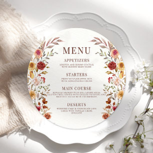 Rustikales Brown Fall Floral Wedding Round Flat Me Menükarte