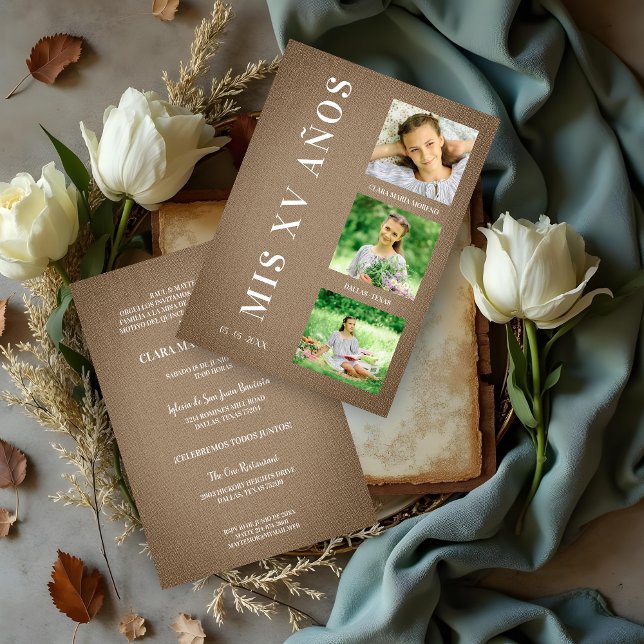 Rustikales Brown Textile Quinceañera mit 3 Fotos (Rustic Brown Quinceañera Invitation with Fabric Texture & 3 Custom Photos Invitations Cards. )
