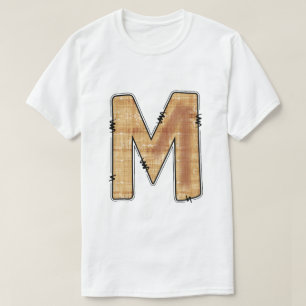 Rustikales Buchstabe M Jute Textur Monogramm Weiß T-Shirt