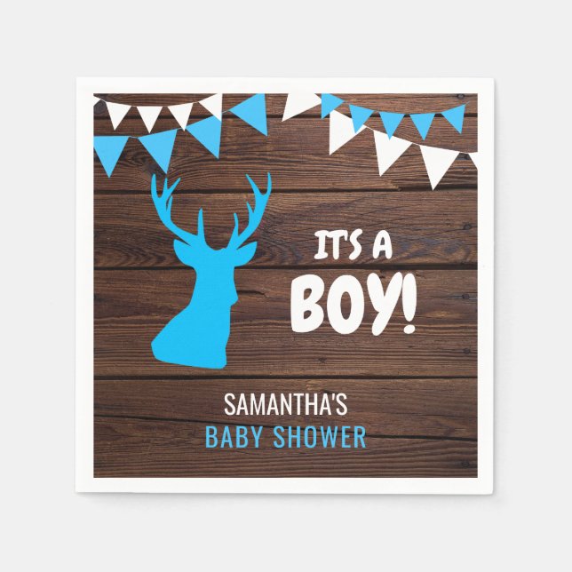 Rustikales Buck Deer Wood Theme Blue Boy Baby Show Serviette (Vorderseite)