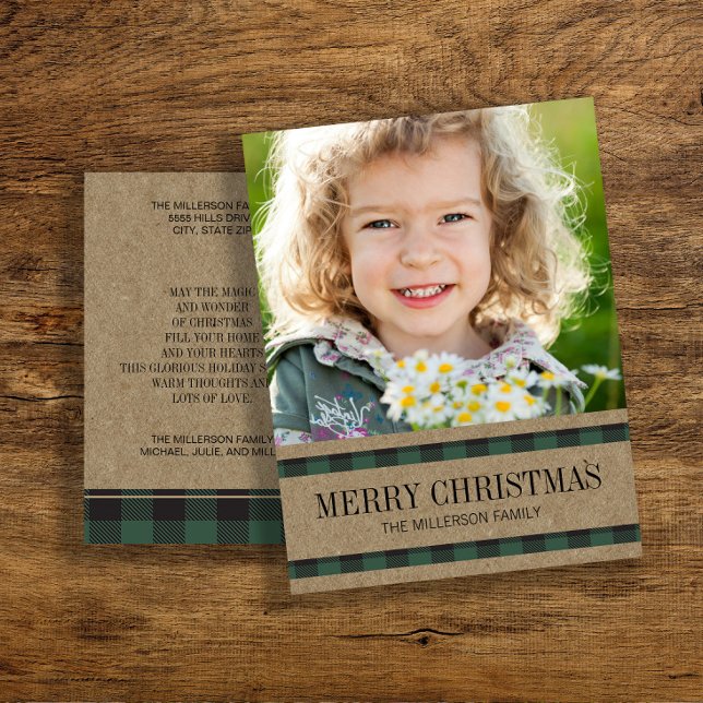 Rustikales Buffalo Kariert Green Frohe Weihnachtsf Postkarte (Green buffalo plaid Christmas photo greeting postcard)