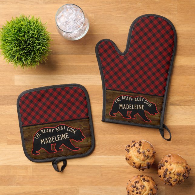 Rustikales Buffalo Kariertes Holz und Bären mit Na Ofenhandschuh & Topflappen-Set (Oben Unten)